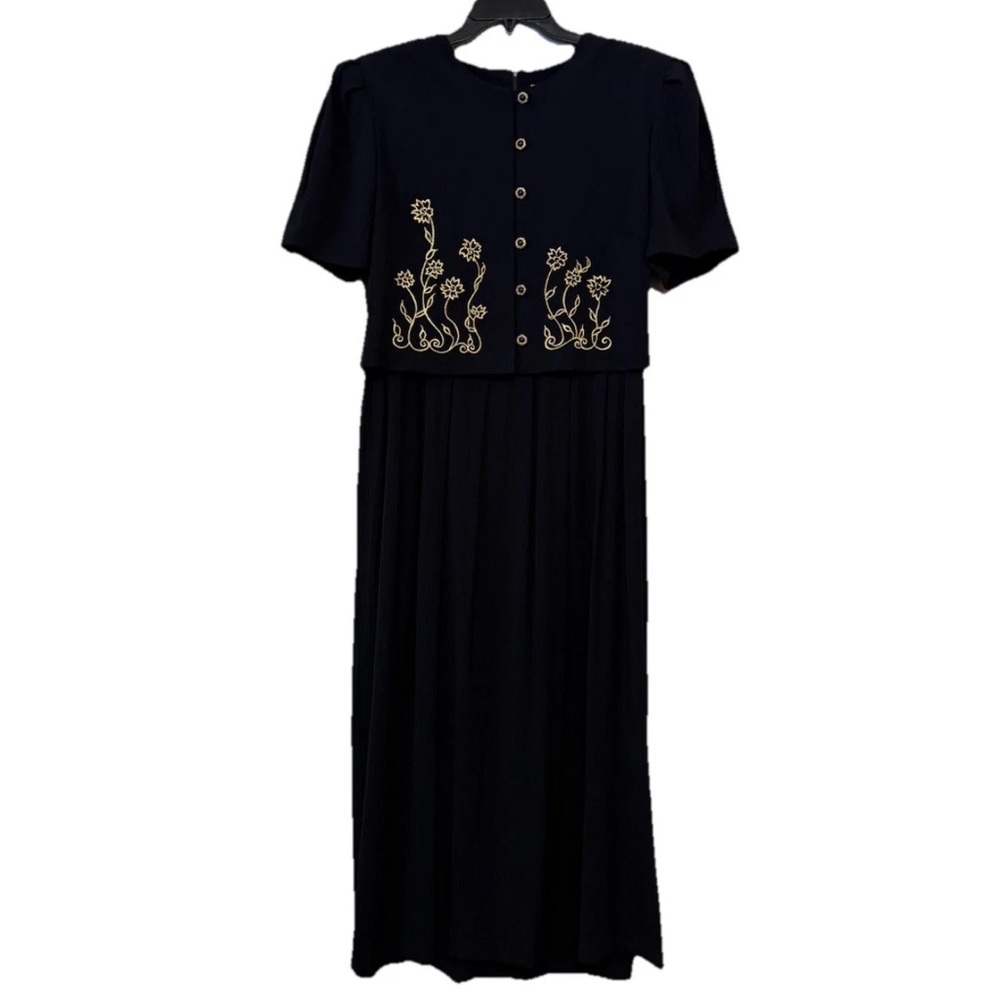 Vintage 80s Miss Dorby Black With Gold Floral Secretary Dress Sz 14 Button Front